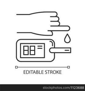 Blood test linear icon. Disease analysis. Illness check. Infection examination. Glucometer. Glucose test. Thin line illustration. Contour symbol. Vector isolated outline drawing. Editable stroke