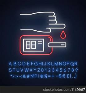 Blood test neon light icon. Disease analysis. Infection examination. Medical procedure. Glucometer. Glucose test. Glowing sign with alphabet, numbers and symbols. Vector isolated illustration