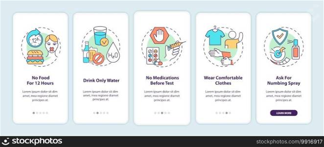 Blood test tips onboarding mobile app page screen with concepts. No food for 12 hours, comfortable clothes walkthrough 5 steps graphic instructions. UI vector template with RGB color illustrations. Blood test tips onboarding mobile app page screen with concepts