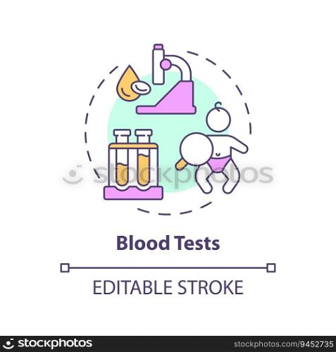 Blood tests concept icon. Overall health. Laboratory research. Child healthcare. Pediatric patient. Diagnostic center abstract idea thin line illustration. Isolated outline drawing. Editable stroke. Blood tests concept icon