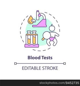 Blood tests concept icon. Overall health. Laboratory research. Child healthcare. Pediatric patient. Diagnostic center abstract idea thin line illustration. Isolated outline drawing. Editable stroke. Blood tests concept icon