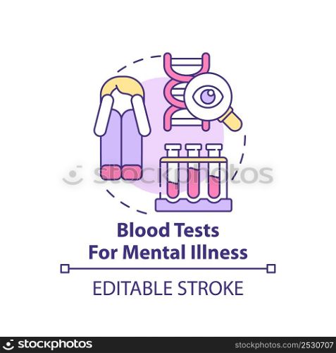 Blood tests for mental illness concept icon. Patient examining. Psychotherapy trend abstract idea thin line illustration. Isolated outline drawing. Editable stroke. Arial, Myriad Pro-Bold fonts used. Blood tests for mental illness concept icon