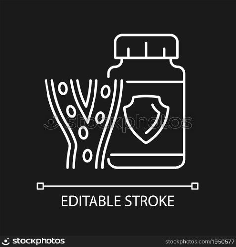Blood vessels supplements white linear icon for dark theme. Vitamins to strengthen blood vessels. Thin line customizable illustration. Isolated vector contour symbol for night mode. Editable stroke. Blood vessels supplements white linear icon for dark theme