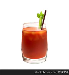 Bloody mary realistic cocktail in glass with celery stick and drinking straw isolated on white background vector illustration