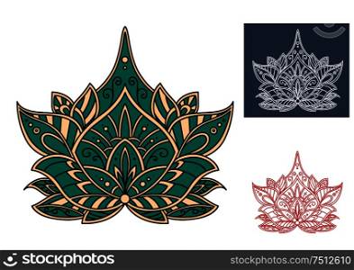 Bloom of green paisley flower, decorated by traditional indian ornamental elements, for textile or lace embellishment design. Green paisley flower with indian ornament