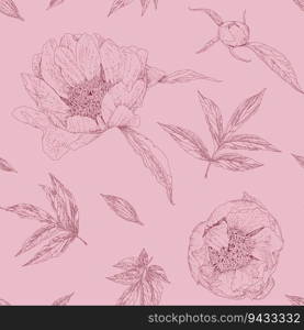 Blooming and flourishing leaves and flowers, blossom of plants and wildflowers. Sketches and monochrome outlines of botany. Seamless pattern, wallpaper or background print. Vector in flat style. Flourishing and blooming flowers, foliage plants