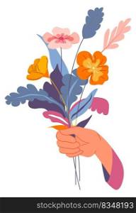 Blooming and flourishing of flora isolated hand with vibrant bouquet in hands. Female holding composition, arrangement of plants and wildflowers. Elegant spring or summer blossom. Vector in flat style. Bouquet of flowers in hand, blossom and bloom