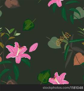 Blooming beautiful sweet pink lily seamless pattern,exotic tropical leaves on dark summer night background,for decorative,fashion,fabric,apparel,textile,print or wallpaper,vector illustration