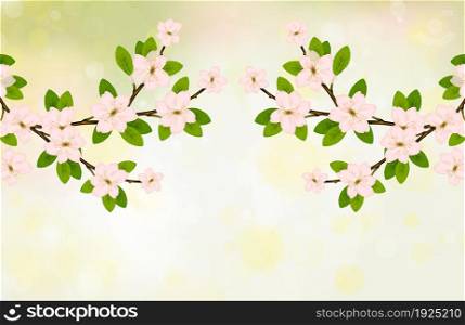 Blooming branch vector with pink spring blossom. Card with text place. Cherry flower blossom branch, peach bloom, sakura branch.. Blooming branch vector with pink spring blossom.