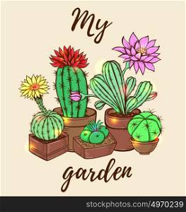 Blooming cactus in a flowerpot. Hand drawn vector illustration.