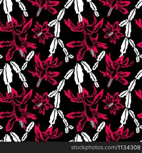 Blooming Christmas cactus black, red and white vector seamless pattern