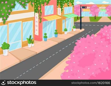Blooming city flat color vector illustration. Street with lots of houses and flowering trees. Beautiful town with wonderful flowers everywhere 2D cartoon landscape with shops on background. Blooming city flat color vector illustration
