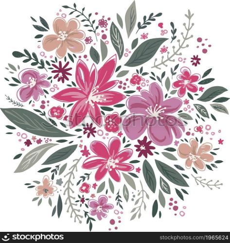 Blooming floral bouquet with tender petals and foliage, flora in blossom. Blooming romantic gift, leafage and botany composition. Florist shop or invitation card or greeting. Vector in flat style. Floral bouquet with leaves and blooming flowers