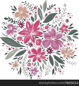 Blooming floral bouquet with tender petals and foliage, flora in blossom. Blooming romantic gift, leafage and botany composition. Florist shop or invitation card or greeting. Vector in flat style. Floral bouquet with leaves and blooming flowers