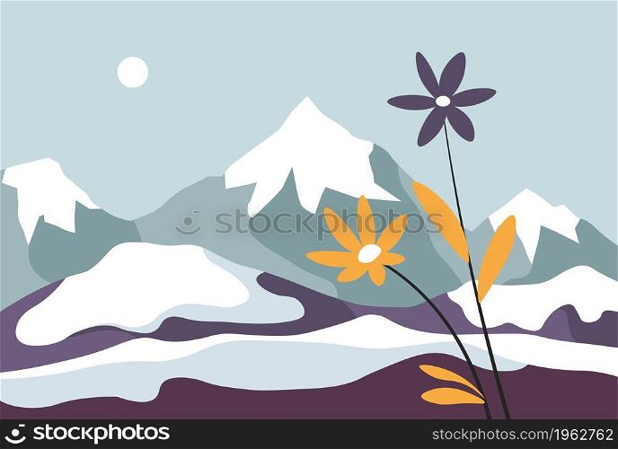 Blooming flower growing out of snow and mountains with rocks. Winter and spring seasons, night with full moon and clear sky. Thaw and hoarfrost, first flora in rural area. Vector in flat style. Mountains covered with snow and blooming flower