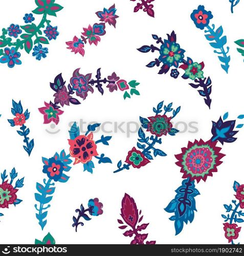 Blooming flowers and branches, leaves and foliage. Print or background for wrapping or decorative card. Blossom and flourishing of plants, decorative motif. Seamless pattern, vector in flat style. Flowers and branches with leaves seamless pattern