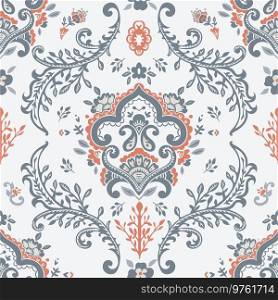 Blooming flowers and flourishing plant stems and≤aves on branches. Floral ornamental motif for fashion clothes and fabric. Seam≤ss pattern, wallpaper or background pr∫. Vector in flat sty≤. Flora ornament, pais≤y decoration pattern pr∫