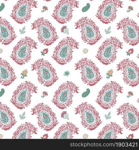Blooming flowers and foliage, seamless pattern with repeatable leaves and blossom. Feminine wallpaper or background for cards and wrapping. Tropical and exotic wild botany. Vector in flat style. Floral pattern with blooming flowers and leaves