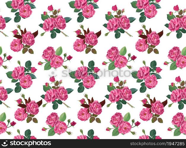 Blooming flowers and roses, flourishing seasonal plants, peonies with stables and leaves. Elegant print or background with foliage. Trendy feminine composition or design. Vector in flat style. Floral print with roses or peonies in bloom vector