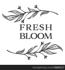 Blooming flowers, fresh bloom monochrome sketch outline. Product sticker or emblem, logotype for organic production or natural products. Florist store or shop assortment vector in flat style. Fresh bloom floral banner or emblem monochrome sketch outline