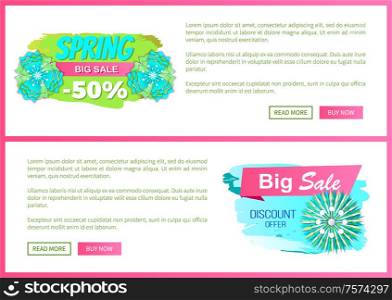 Blooming flowers on spring sale labels, vector web page template with text sample and price tag with 50 percent discount decorated by springtime plants. Blooming Flowers on Spring Sale Labels, Vector Web