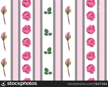 Blooming flowers, peonies or roses with buds and leaves in lines and stripes. Seamless pattern with natural decorative elements. Fashion print or background, botanical wallpaper. Vector in flat style. Roses or peonies blooming, wallpapers pattern