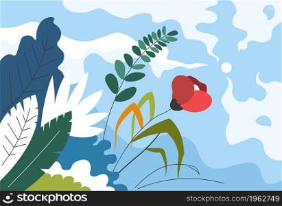 Blooming flowers, summer and spring foliage and flowering. Poppy and glass, leaves and buds of plants. Park or botany garden with biodiversity and wildlife. Landscape with sky. Vector in flat style. Summer and spring nature and blooming of flora