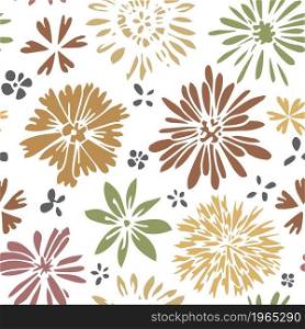 Blooming flowers with buds and leaves, plants of spring and summer. Wildflowers in blossom, flourishing and botany. Seamless pattern, background or print, wrapping or wallpaper, vector in flat style. Wildflower in blossom, blooming flowers print