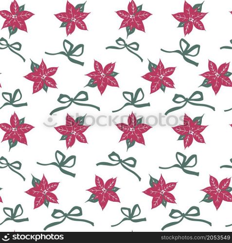 Blooming flowers with leaves, mistletoe with branches and foliage. Evergreen plant with blossom, flourishing botany decor with ribbon bow. Seamless pattern background or print. Vector in flat style. Mistletoe or blooming flower with leaves vector