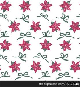 Blooming flowers with leaves, mistletoe with branches and foliage. Evergreen plant with blossom, flourishing botany decor with ribbon bow. Seamless pattern background or print. Vector in flat style. Mistletoe or blooming flower with leaves vector