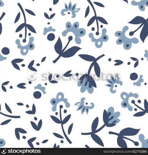 Blooming flowers with stems, foliage, and petals. Floral ornament or motif, decoration or adornment with flora blossom. Seamless pattern, background print, or wallpaper. Vector in flat style. Minimalist blooming flowers seamless pattern print