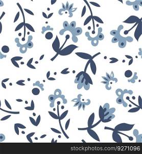 Blooming flowers with stems, foliage, and petals. Floral ornament or motif, decoration or adornment with flora blossom. Seamless pattern, background print, or wallpaper. Vector in flat style. Minimalist blooming flowers seamless pattern print