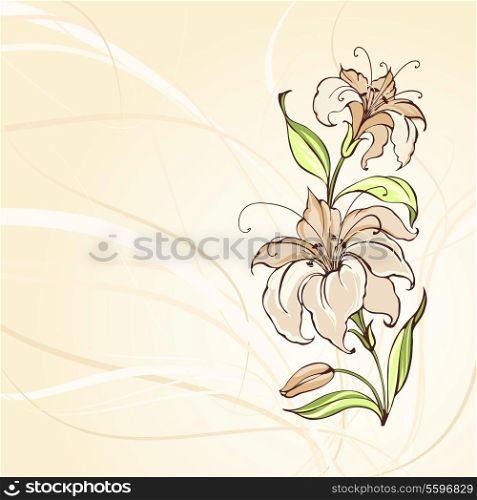 Blooming lilies over brown background. Vector illustration.