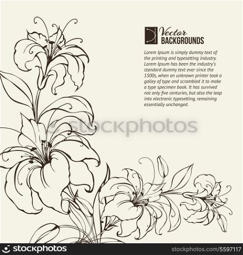 Blooming lilies over sepia background. Vector illustration.