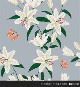 Blooming lily flowers garden seamless pattern with cute butterfly for decorative,apparel,fashion,fabric,textile,print or wallpaper,vector illustration