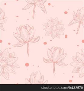 Blooming lotus with leaves and petals. Water lily flora and nature botany design sketch. Flourishing buds on stem with leaf. Seamless pattern, wallpaper print or background. Vector in flat style. Flowers in blossom, blooming lotus pattern print