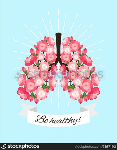 Blooming lungs. Healthy good lungs with blossoming roses health concept vector illustration. Healthy blooming lungs
