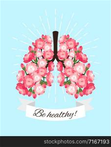 Blooming lungs. Healthy good lungs with blossoming roses health concept vector illustration. Healthy blooming lungs