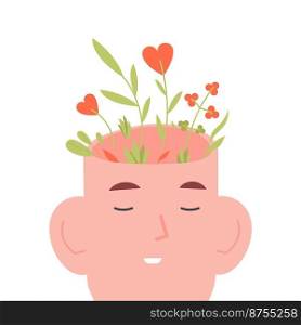 Blooming mind. Positive mental beauty human with flower inside head, mindfulness and healing brain, happy and wellbeing vector illustration. Mind positive and blooming in head. Blooming mind. Positive mental beauty human with flower inside head, mindfulness and healing brain, happy and wellbeing vector illustration