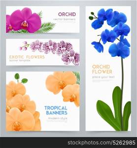 Blooming Orchids Realistic banners Set. Blooming orchid plants 4 tropical botanic banners collection with exotic colorful flowers realistic isolated vector illustration