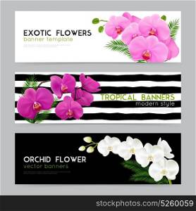 Blooming Orchids Realistic banners Set. Blooming orchids 3 horizontal banners collection with exotic flowers on black white background realistic isolated vector illustration