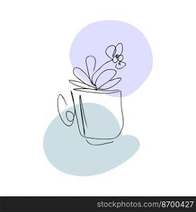 Blooming pansy in a mug lineart vector illustration. Perfect for T-shirt, sticker, poster, decor and design.