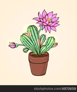 Blooming pink cactus in a flowerpot. Hand drawn vector illustration.