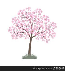 Blooming pink flowers spring tree. Vector image. Eps 10