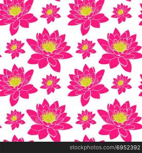 blooming pink water lily with yellow stamens, seamless pattern isolated on white background