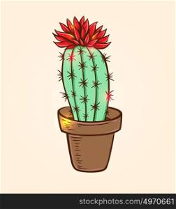 Blooming red cactus in a flowerpot. Hand drawn vector illustration.