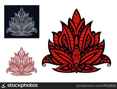 Blooming red persian paisley flower, decorated by blue and gray ornaments, for oriental textile or carpet pattern design. Dainty red persian paisley flower element