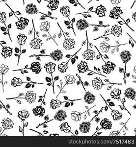 Blooming roses black and white floral seamless pattern background with silhouettes of stalks with lush flowers and leaves. May be used as fabric print or scrapbook page backdrop design. Black and white roses floral seamless pattern