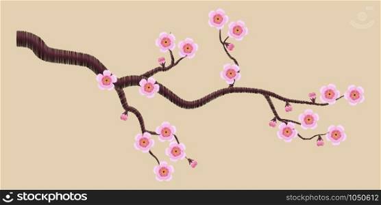 Blooming sakura branch embroidery satin. Vector illustrations. Vector illustrations blooming sakura branch embroidery.