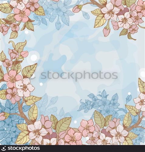 Blooming sakura tree branch frame pattern with blue flowers on background vector illustration